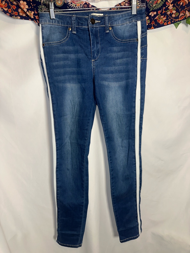 Women's Dark Blue Skinny Jeans With White Side Stripe
